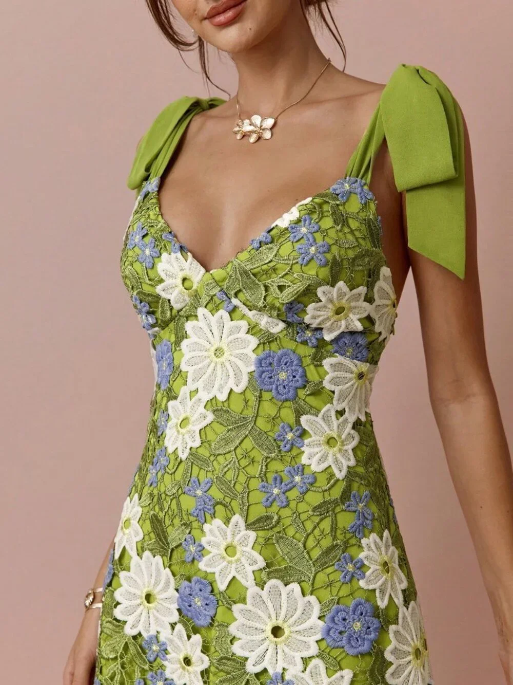 Green Boho Women's Embroidered Lace Mini Dress